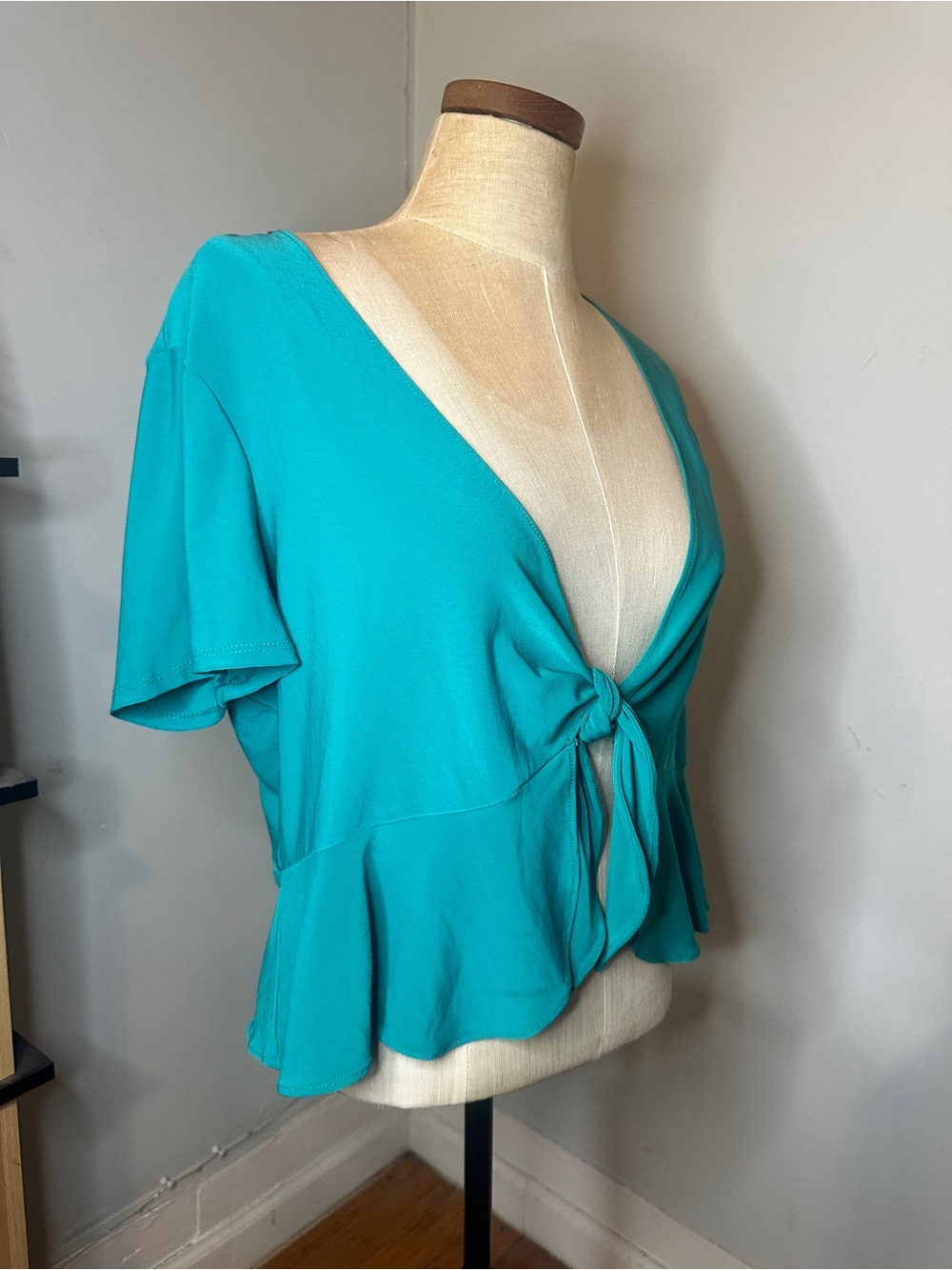 Tie-Front Peplum Blouse in Teal - Women